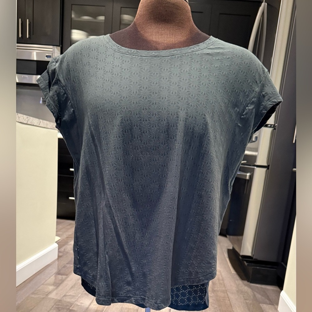 Dark Green Cap Sleeve Top Asymmetrical Rounded Hem Line